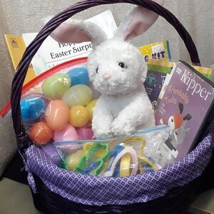 #2. 16pc Easter Basket: Hopper's surprise,DVD, toys, books,eggs & grass, clin…